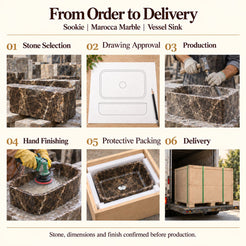 Sookie Marocca Marble Vessel Sink from order to delivery: material selection, drawing approval, production, hand finishing, protective foam packing in a plywood crate and delivery; specifications confirmed before production.