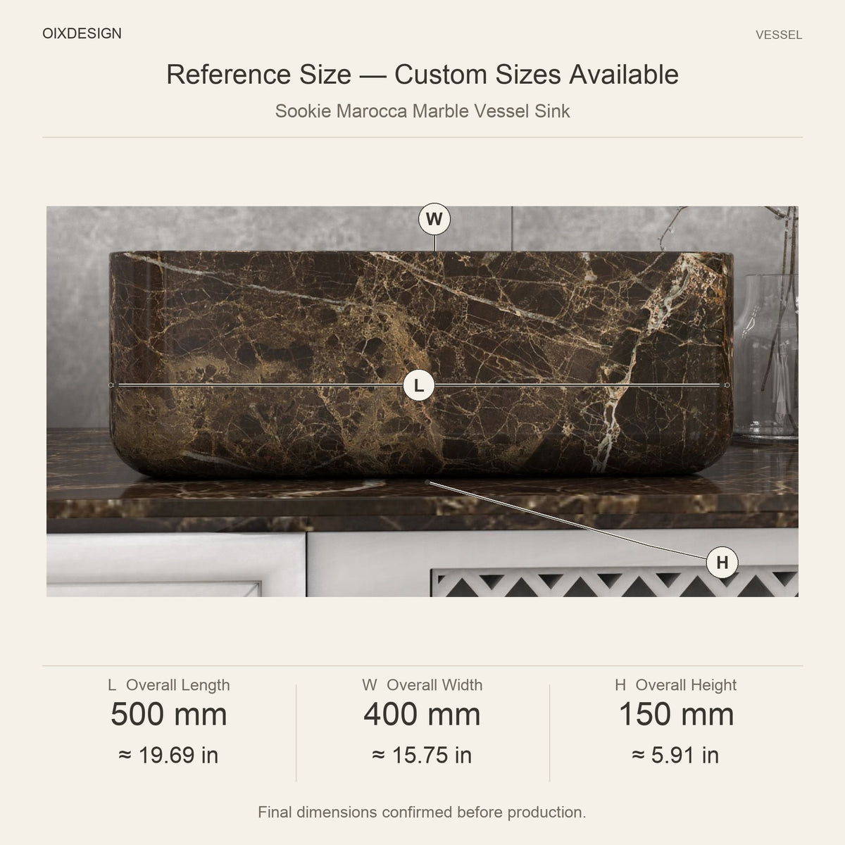 Sookie Marocca Marble Vessel Sink reference overall dimensions in millimeters and inches