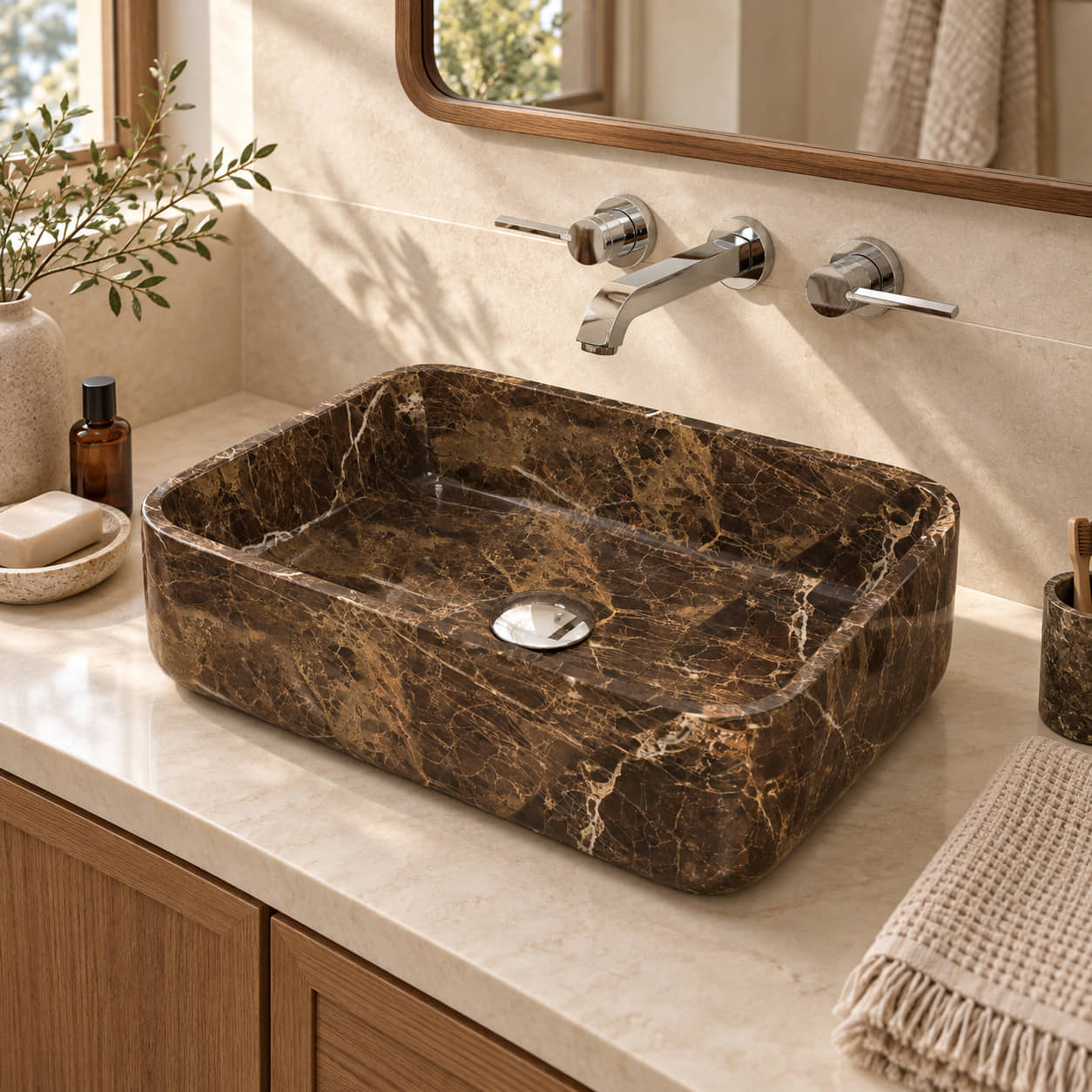 Sookie Marocca Marble vessel sink in a warm stone and oak bathroom