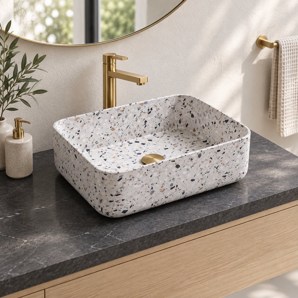 Sookie Sky Terrazzo Vessel Sink — three-quarter bathroom lifestyle