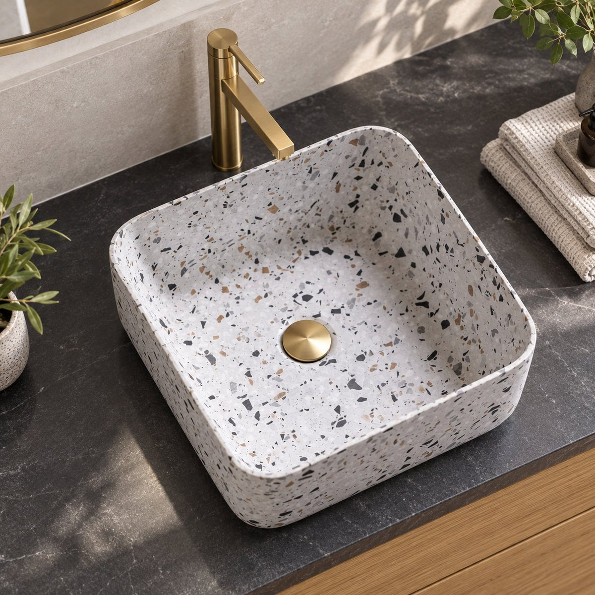 Sookie Sky Terrazzo Vessel Sink — overhead bathroom lifestyle