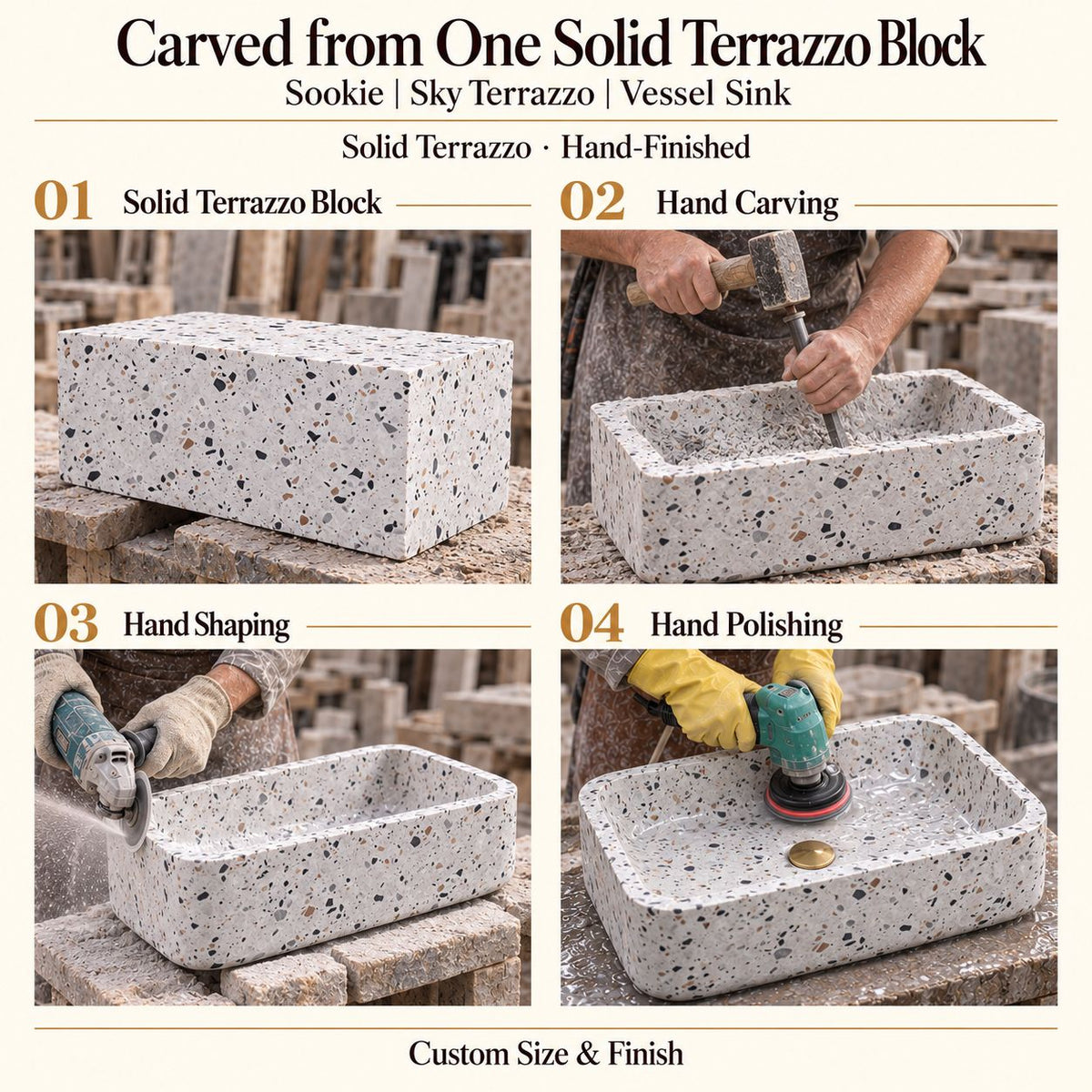 Sookie Sky Terrazzo Vessel Sink carved from one solid terrazzo block, with hand carving, hand shaping and hand polishing; custom size and finish.