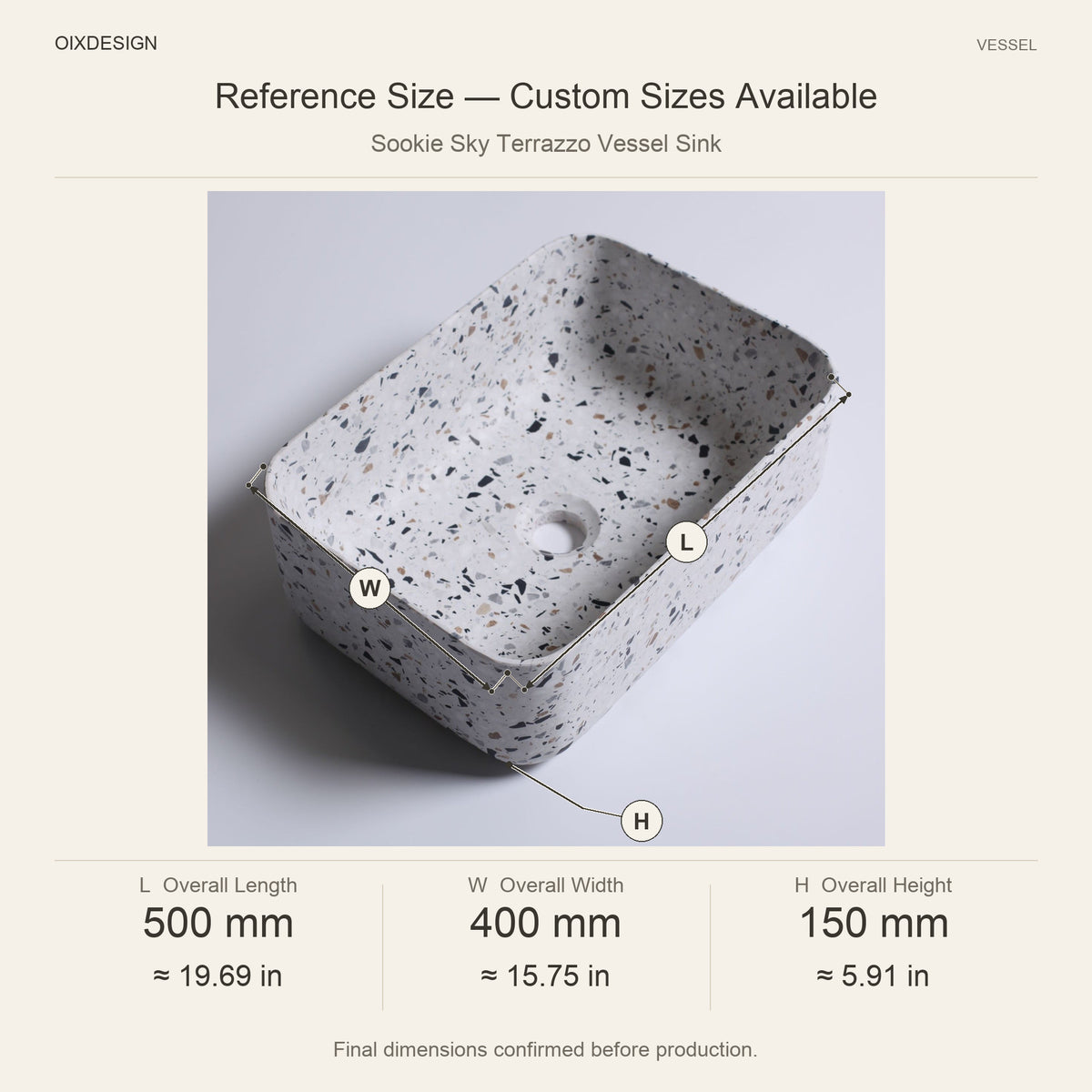 Sookie Sky Terrazzo Vessel Sink reference overall dimensions in millimeters and inches