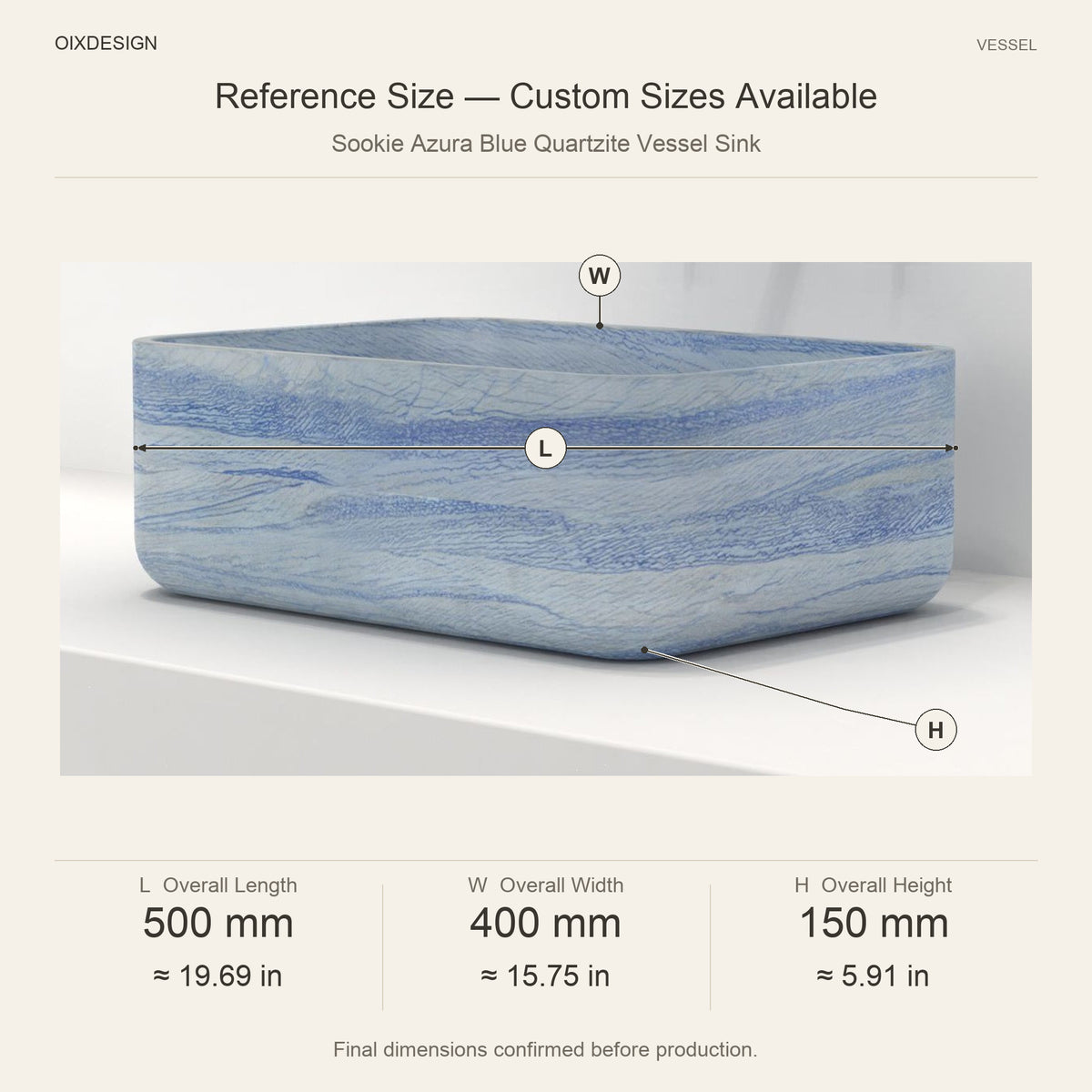 Sookie Azura Blue Quartzite Vessel Sink reference overall dimensions in millimeters and inches