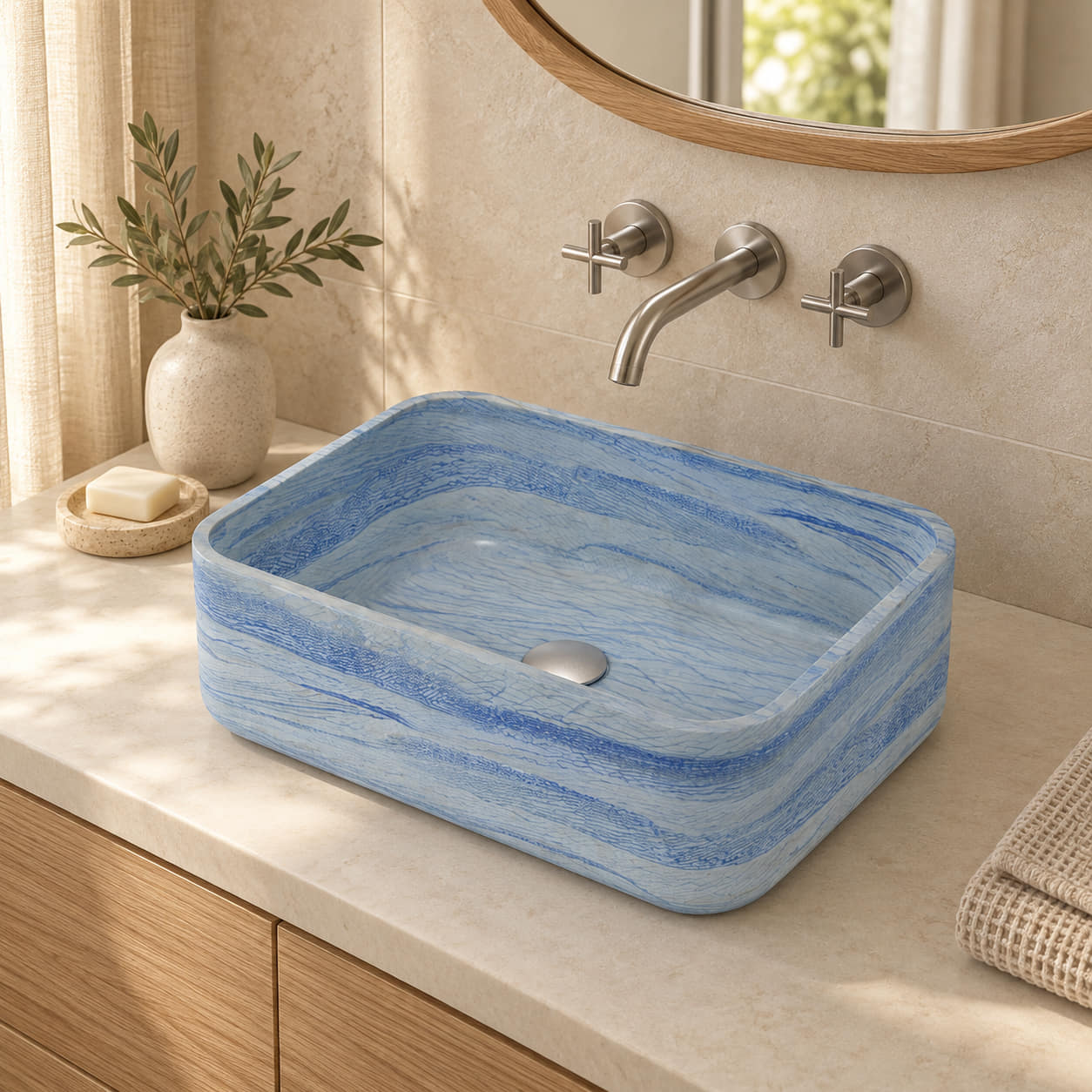 Sookie Azura Blue Quartzite vessel sink in a warm ivory and oak bathroom