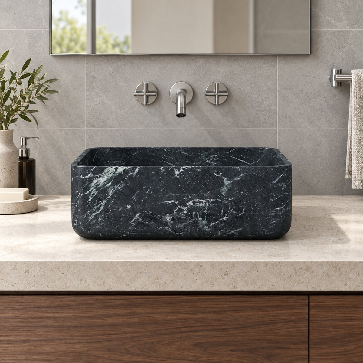 Sookie Verderio Marble Vessel Sink — low frontal bathroom lifestyle