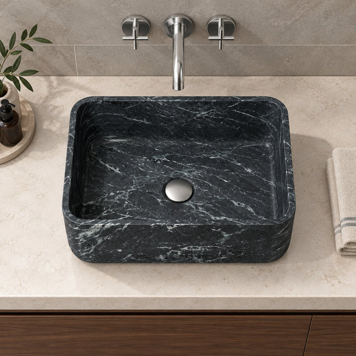 Sookie Verderio Marble Vessel Sink — overhead bathroom lifestyle