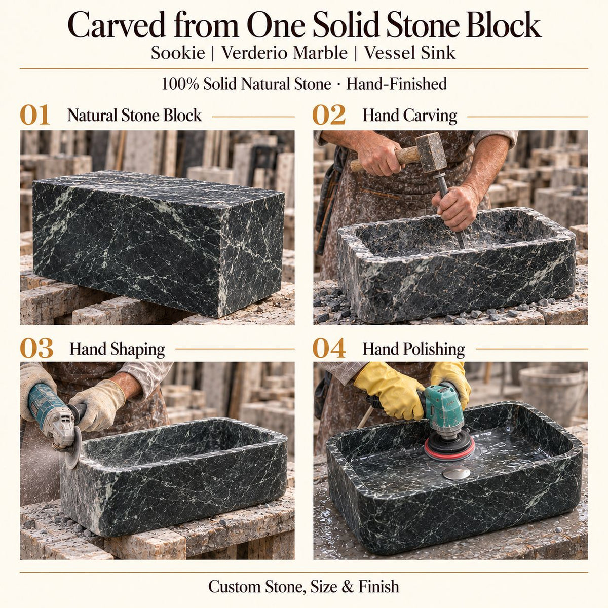 Sookie Verderio Marble Vessel Sink carved from one solid stone block, showing manual hammer-and-chisel carving, hand shaping and hand polishing; custom stone, size and finish.