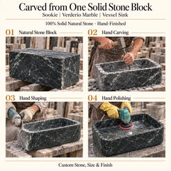 Sookie Verderio Marble Vessel Sink carved from one solid stone block, showing manual hammer-and-chisel carving, hand shaping and hand polishing; custom stone, size and finish.