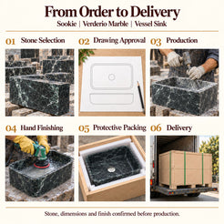 Sookie Verderio Marble Vessel Sink from order to delivery: material selection, drawing approval, production, hand finishing, protective foam packing in a plywood crate and delivery; specifications confirmed before production.