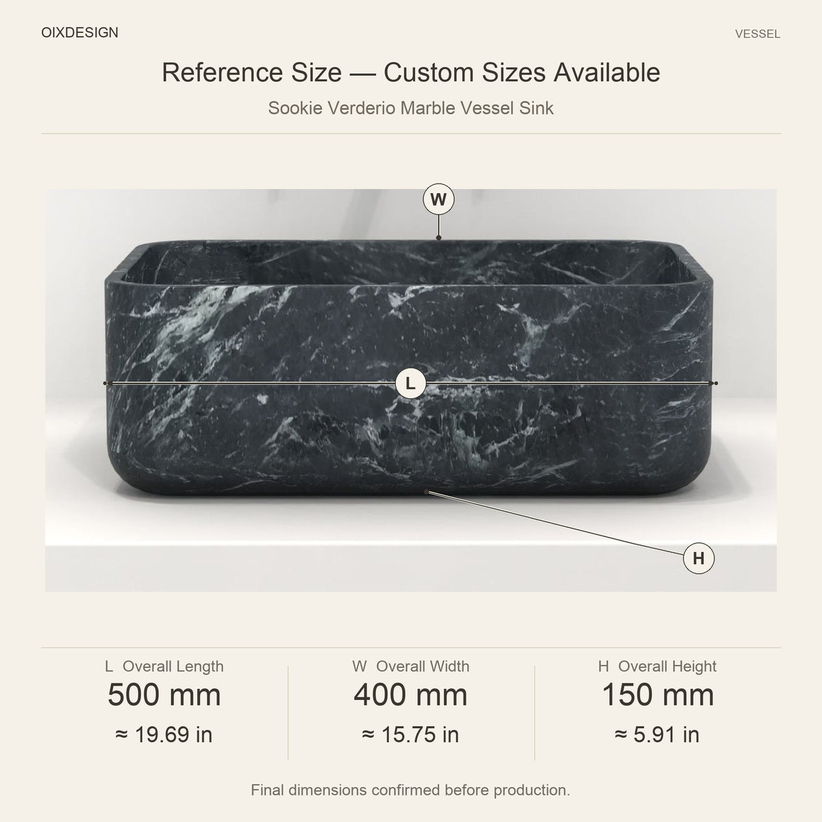 Sookie Verderio Marble Vessel Sink reference overall dimensions in millimeters and inches