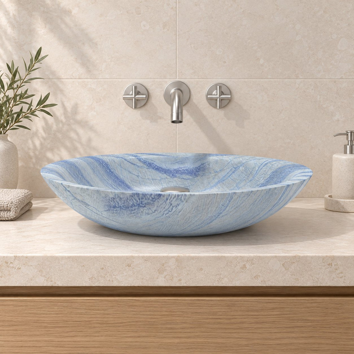 Sooria Azura Blue Quartzite Vessel Sink — low frontal bathroom lifestyle