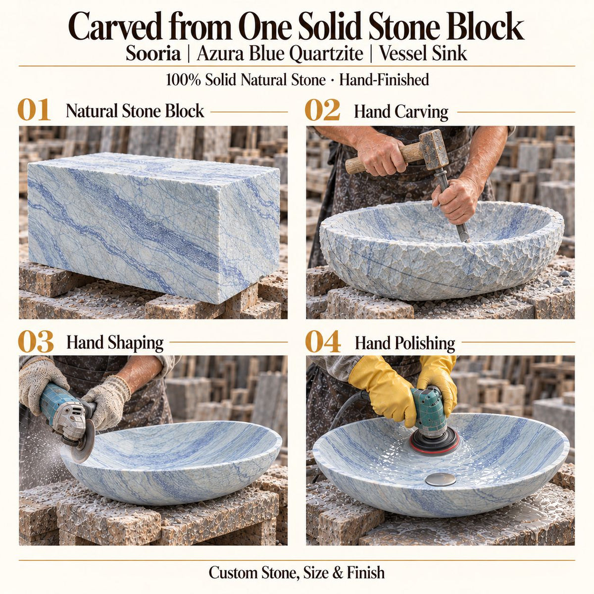 Sooria Azura Blue Quartzite Vessel Sink carved from one solid stone block, showing manual hammer-and-chisel carving, hand shaping and hand polishing; custom stone, size and finish.