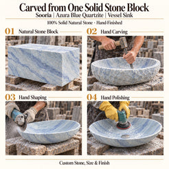 Sooria Azura Blue Quartzite Vessel Sink carved from one solid stone block, showing manual hammer-and-chisel carving, hand shaping and hand polishing; custom stone, size and finish.