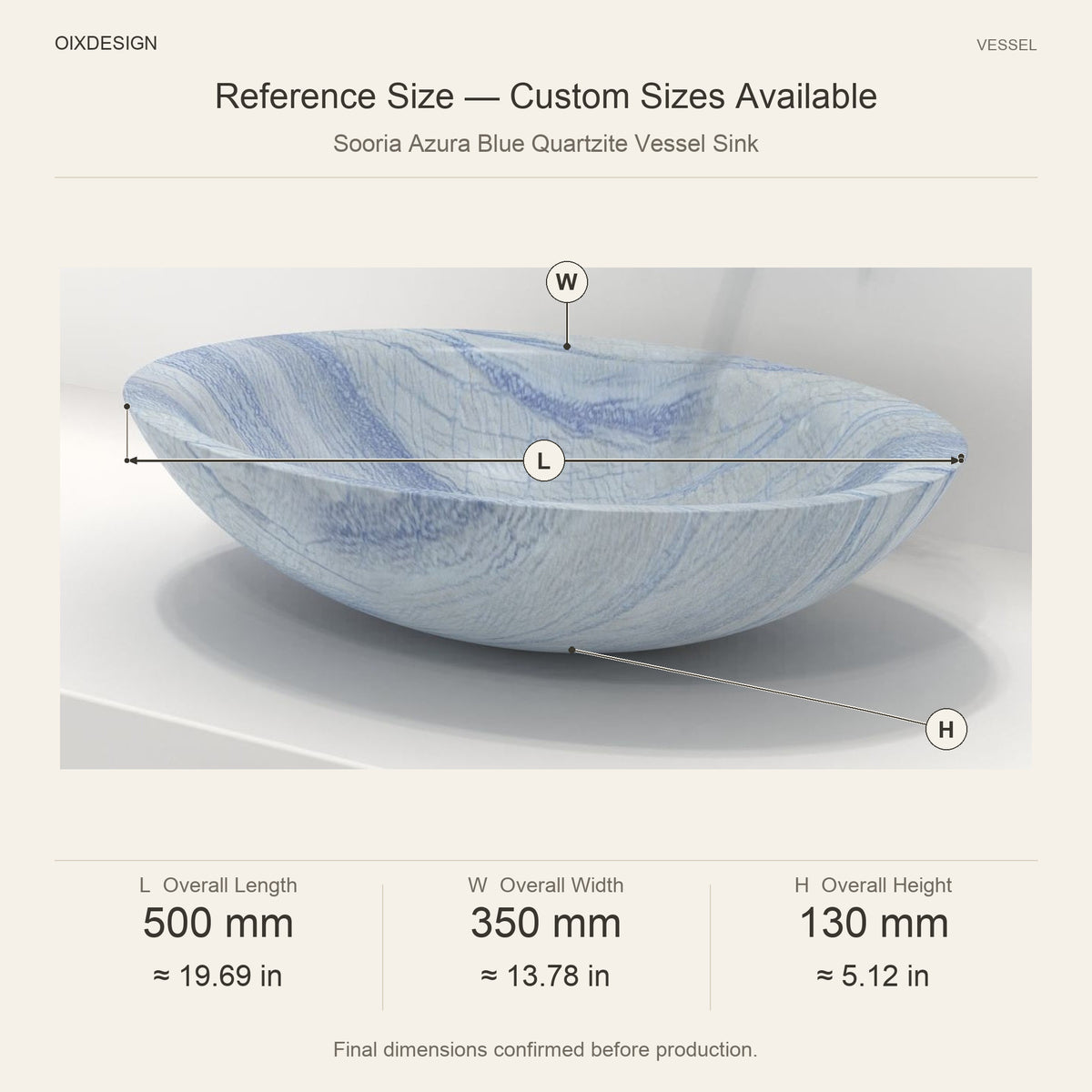 Sooria Azura Blue Quartzite Vessel Sink reference overall dimensions in millimeters and inches