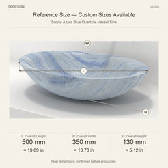 Sooria Azura Blue Quartzite Vessel Sink reference overall dimensions in millimeters and inches