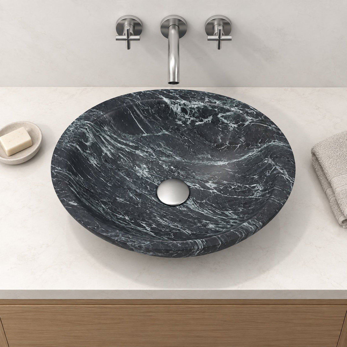 Sooria Verderio Marble Vessel Sink — overhead bathroom lifestyle