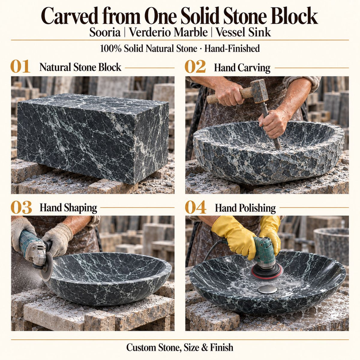Sooria Verderio Marble Vessel Sink carved from one solid stone block, showing manual hammer-and-chisel carving, hand shaping and hand polishing; custom stone, size and finish.