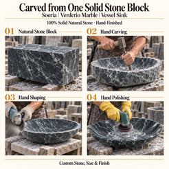Sooria Verderio Marble Vessel Sink carved from one solid stone block, showing manual hammer-and-chisel carving, hand shaping and hand polishing; custom stone, size and finish.
