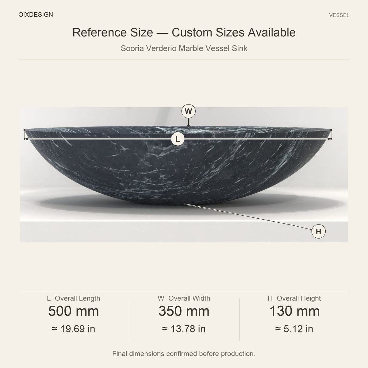 Sooria Verderio Marble Vessel Sink reference overall dimensions in millimeters and inches