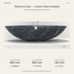 Sooria Verderio Marble Vessel Sink reference overall dimensions in millimeters and inches