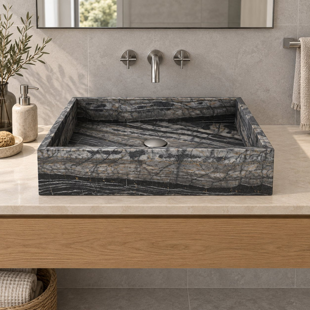 Soovi Perlino Marble Vessel Sink — low frontal bathroom lifestyle