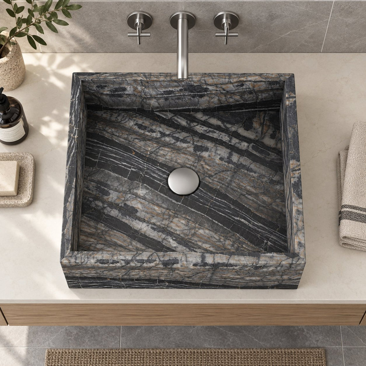Soovi Perlino Marble Vessel Sink — overhead bathroom lifestyle