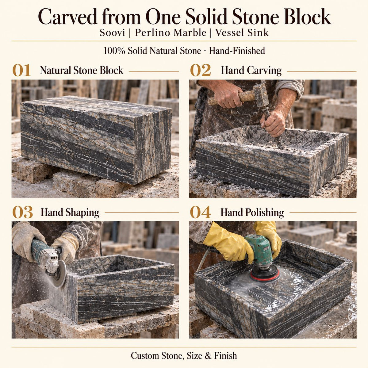 Soovi Perlino Marble Vessel Sink carved from one solid stone block, showing manual hammer-and-chisel carving, hand shaping and hand polishing; custom stone, size and finish.