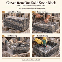 Soovi Perlino Marble Vessel Sink carved from one solid stone block, showing manual hammer-and-chisel carving, hand shaping and hand polishing; custom stone, size and finish.