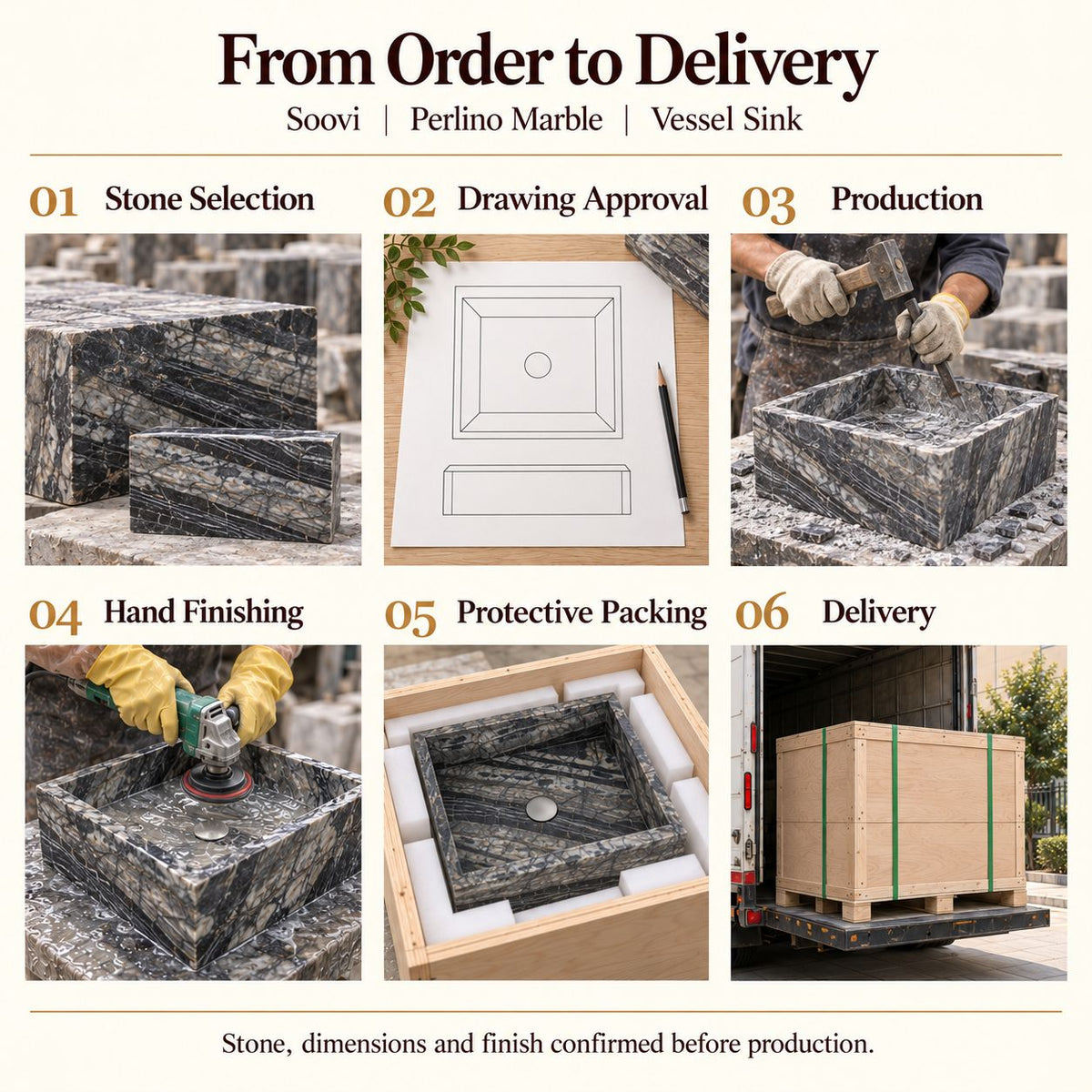 Soovi Perlino Marble Vessel Sink from order to delivery: material selection, drawing approval, production, hand finishing, protective foam packing in a plywood crate and delivery; specifications confirmed before production.