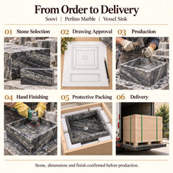 Soovi Perlino Marble Vessel Sink from order to delivery: material selection, drawing approval, production, hand finishing, protective foam packing in a plywood crate and delivery; specifications confirmed before production.
