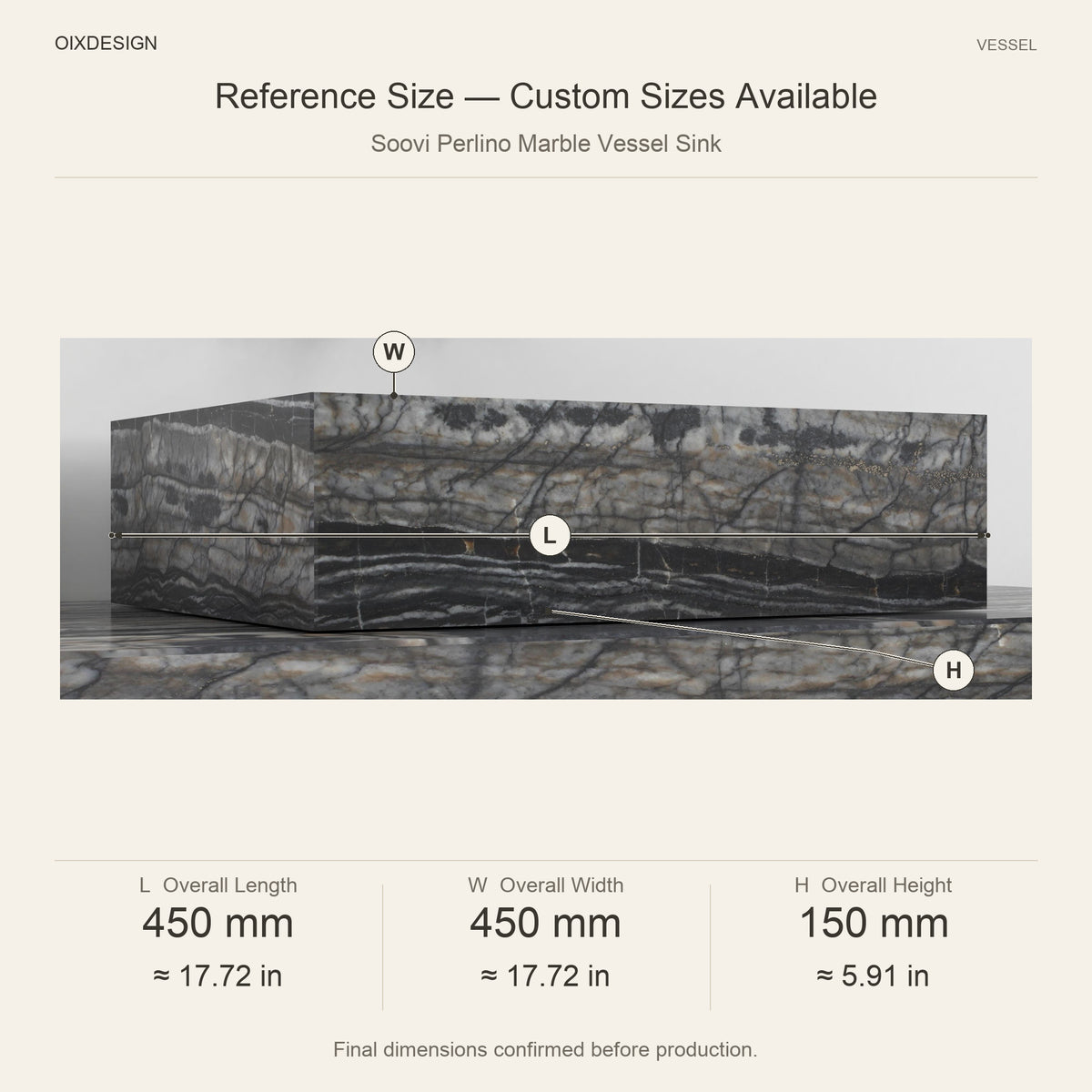 Soovi Perlino Marble Vessel Sink reference overall dimensions in millimeters and inches