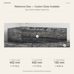 Soovi Perlino Marble Vessel Sink reference overall dimensions in millimeters and inches