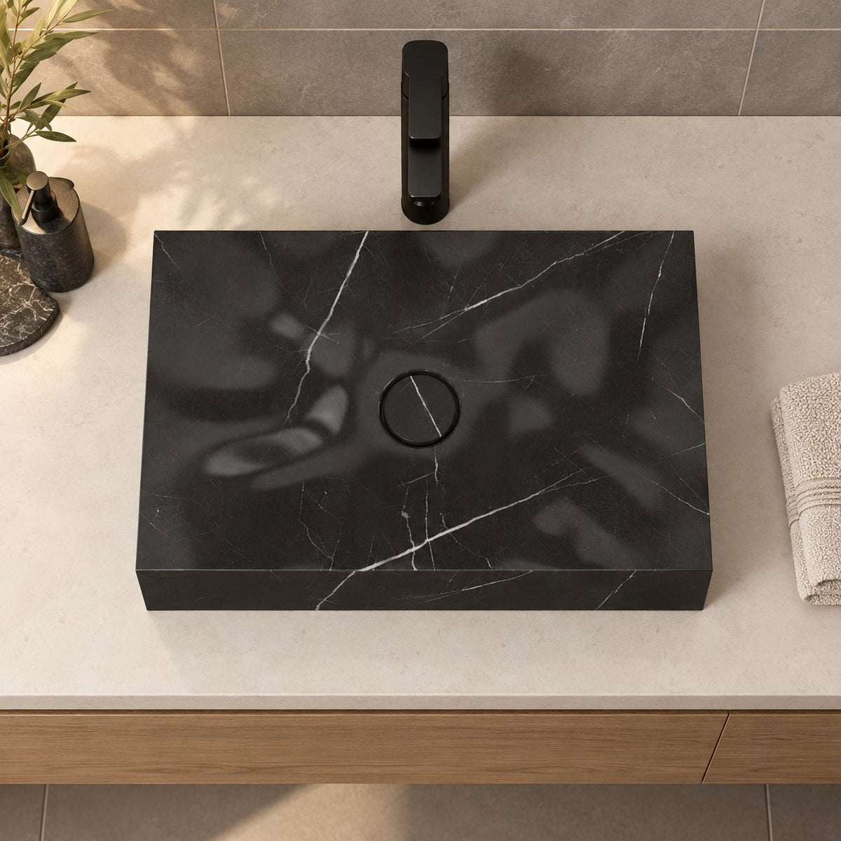 Sopa Portoro Marble Vessel Sink — overhead bathroom lifestyle