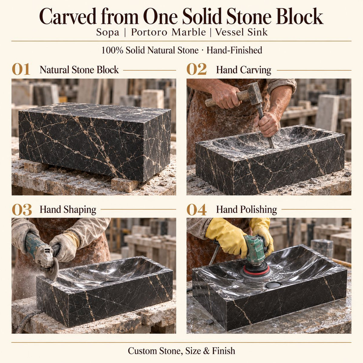 Sopa Portoro Marble Vessel Sink carved from one solid stone block, showing manual hammer-and-chisel carving, hand shaping and hand polishing; custom stone, size and finish.