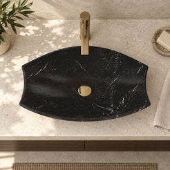 Sopio Portoro Marble Vessel Sink — overhead bathroom lifestyle