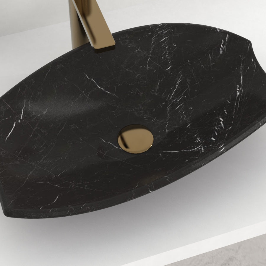 Sopio Portoro Marble Vessel Sink, interior, rim and material detail