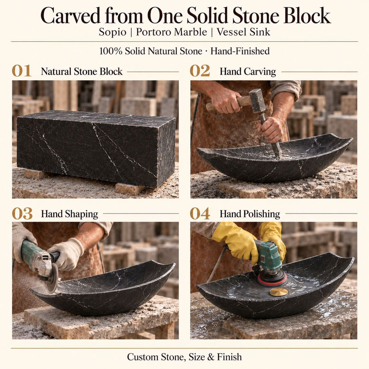 Sopio Portoro Marble Vessel Sink carved from one solid stone block, showing manual hammer-and-chisel carving, hand shaping and hand polishing; custom stone, size and finish.