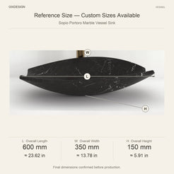 Sopio Portoro Marble Vessel Sink reference overall dimensions in millimeters and inches