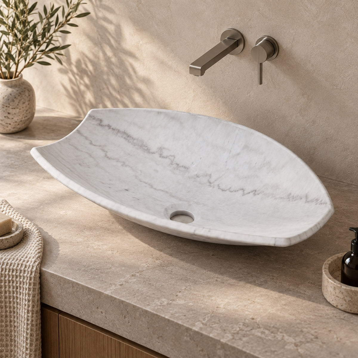 Sopio Venice Marble Vessel Sink, countertop hero lifestyle view