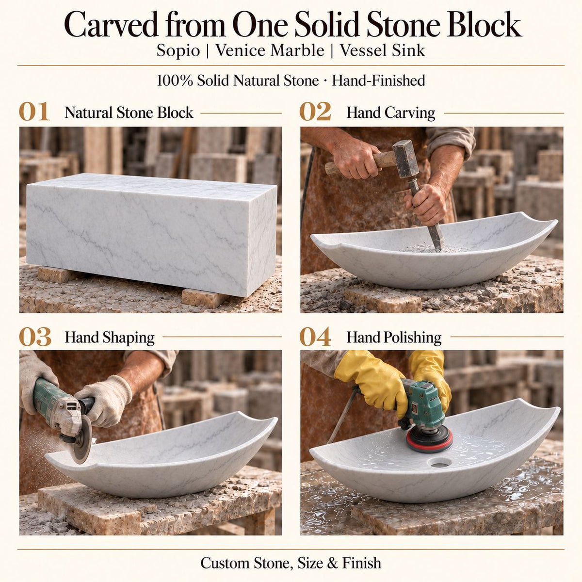 Sopio Venice Marble Vessel Sink carved from one solid stone block, showing manual hammer-and-chisel carving, hand shaping and hand polishing; custom stone, size and finish.