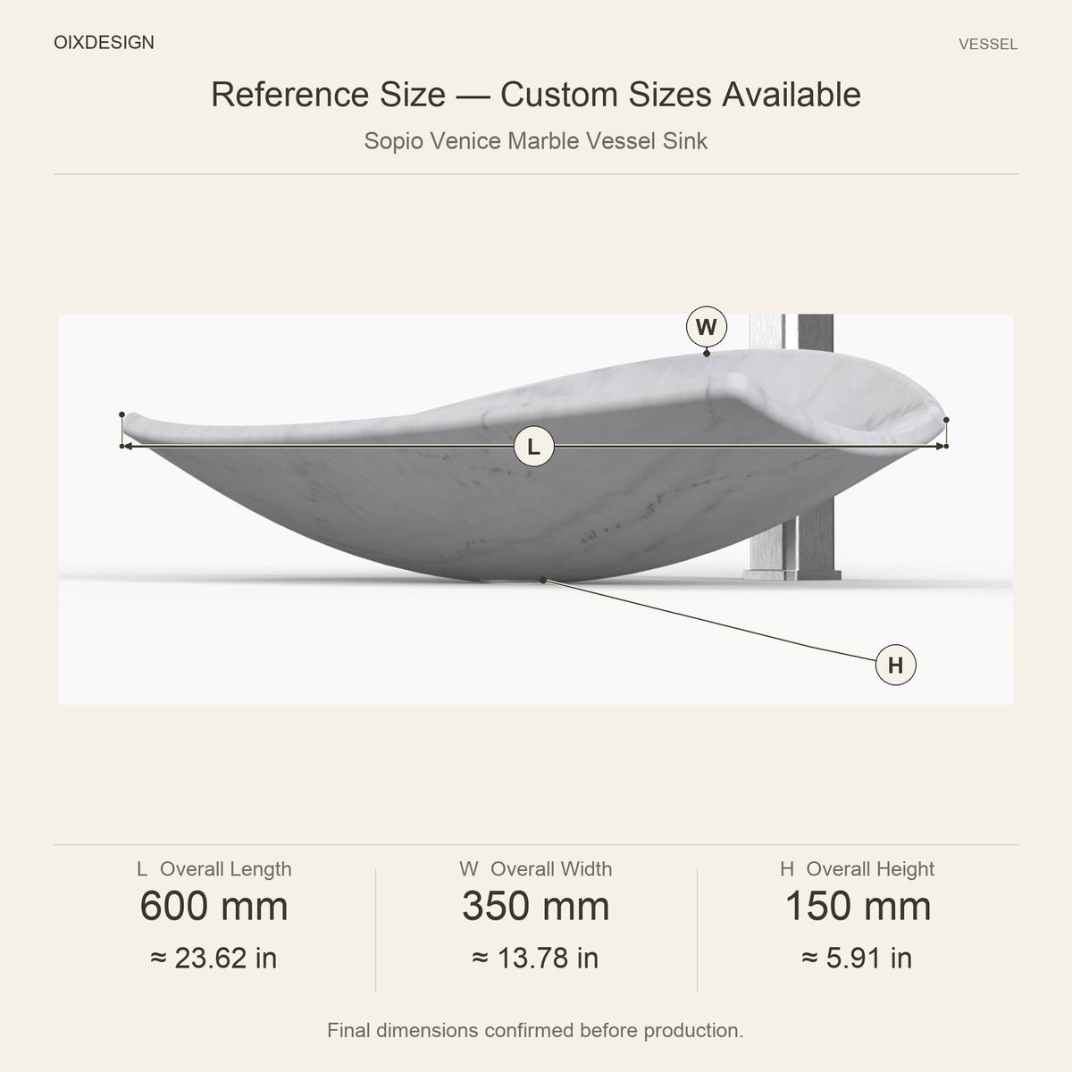 Sopio Venice Marble Vessel Sink reference overall dimensions in millimeters and inches
