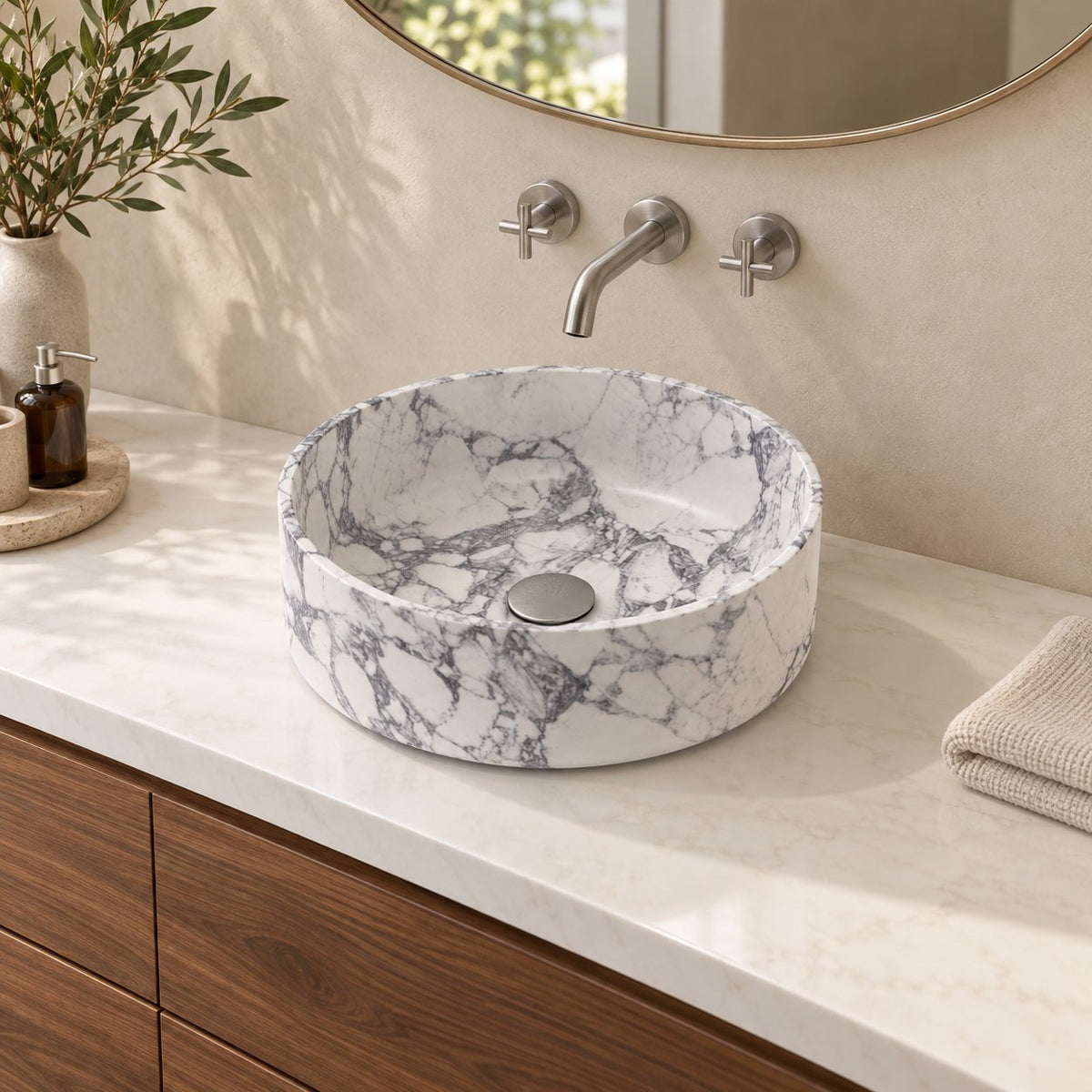 Sorana Arabescato Marble Vessel Sink — three-quarter bathroom lifestyle