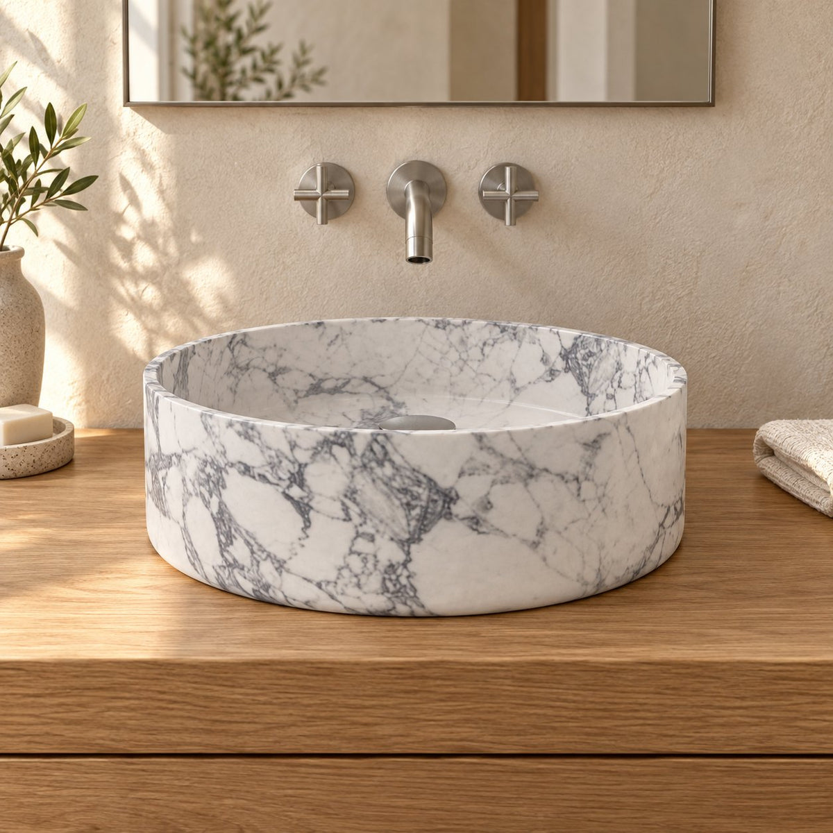 Sorana Arabescato Marble Vessel Sink — low frontal bathroom lifestyle