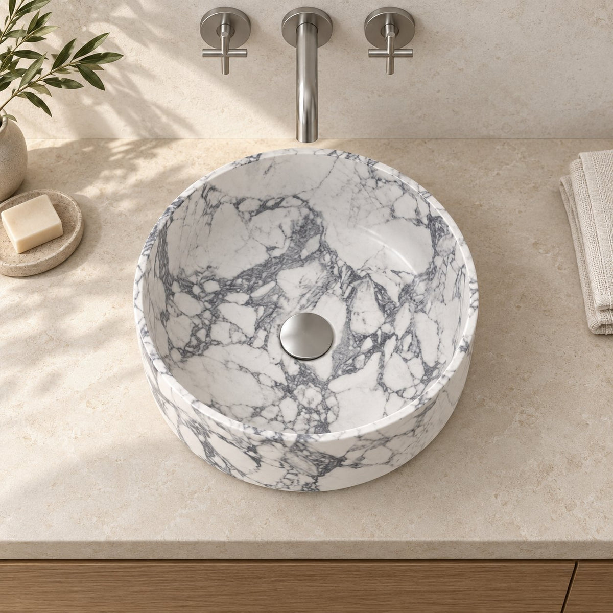 Sorana Arabescato Marble Vessel Sink — overhead bathroom lifestyle
