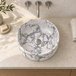 Sorana Arabescato Marble Vessel Sink — overhead bathroom lifestyle