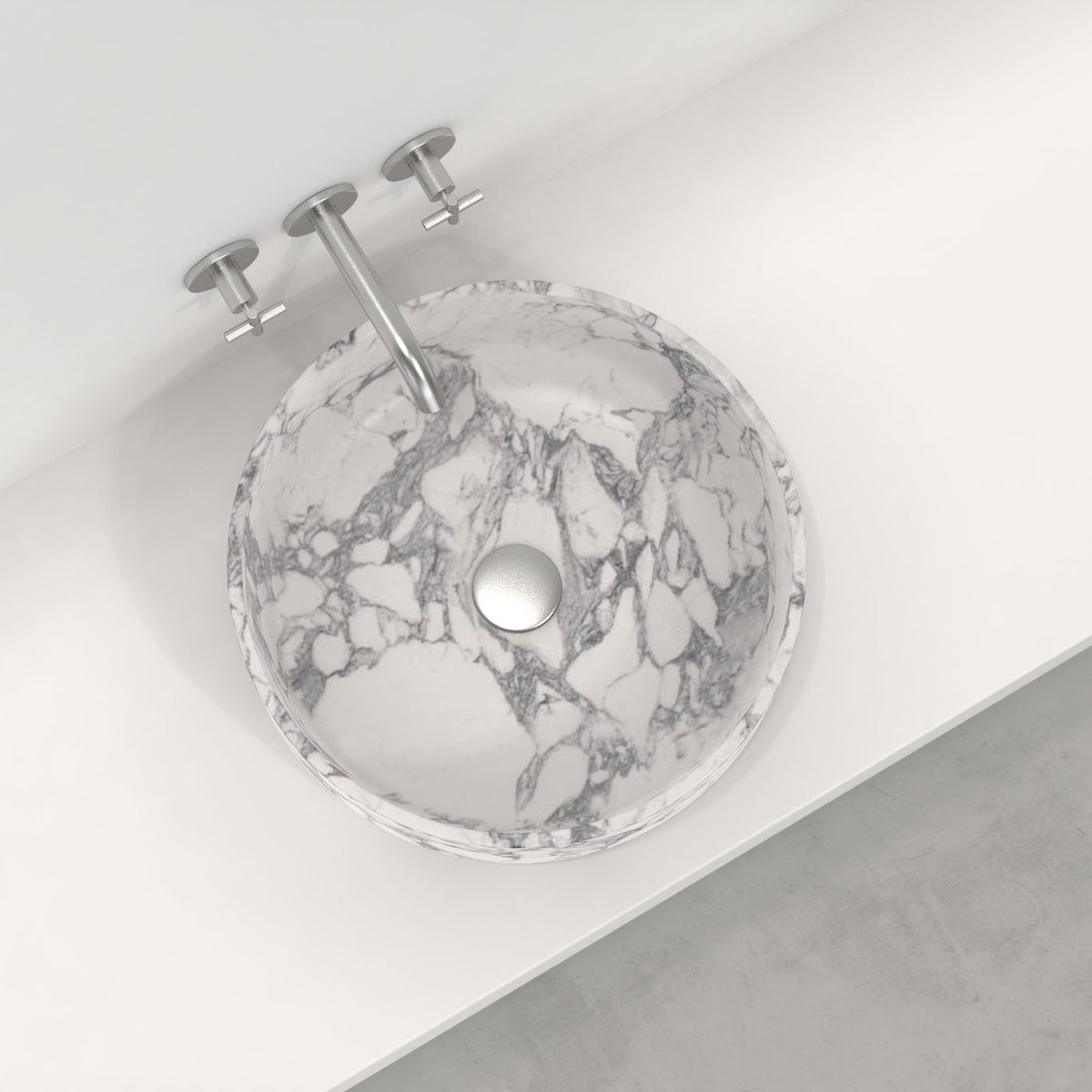 Sorana Arabescato Marble Vessel Sink, interior, rim and material detail