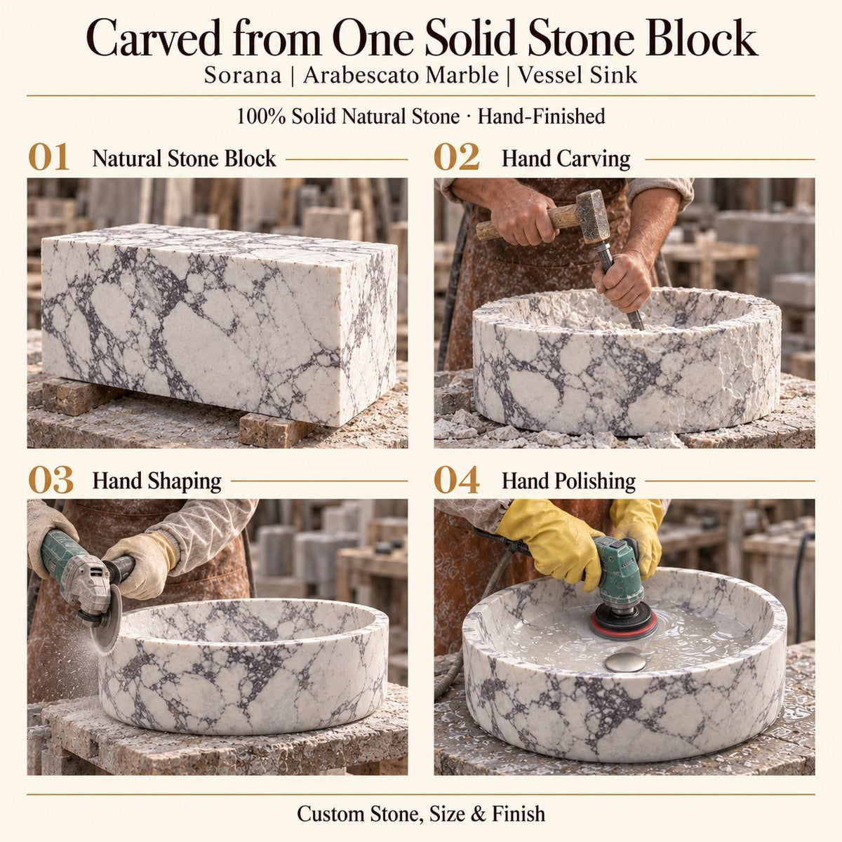 Sorana Arabescato Marble Vessel Sink carved from one solid stone block, showing manual hammer-and-chisel carving, hand shaping and hand polishing; custom stone, size and finish.