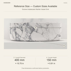 Sorana Arabescato Marble Vessel Sink reference overall dimensions in millimeters and inches