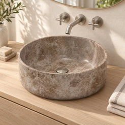 Sorana Dorata Marble Vessel Sink — three-quarter bathroom lifestyle